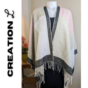 Creation L Knit Wrap Shawl Fringed Tiered Colorblock Cream, Pink, Gray One Size